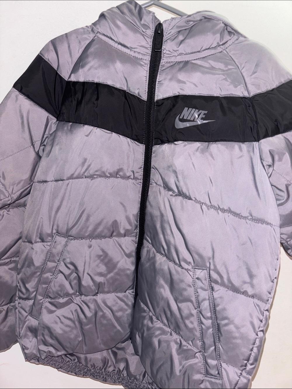 Nike Kids Grey Zip up Puffer Jacket with Black Chest Band and Hoodie